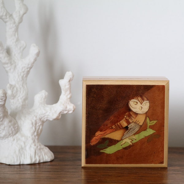 Vintage Sorrento-Italy by Antonino Terminiello Owl Inlaid Wooden Square Jewellery Box Handmade Small Storage Case 7.9cm Width