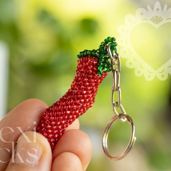 Red hot chili keychain, handmade chaquira glass bead chili pepper key ring, mexican chaquira chili pepper charm