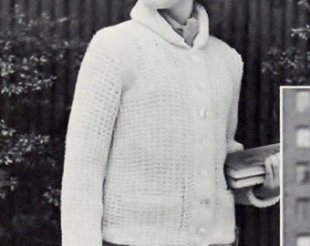 Vintage Knit PATTERN PDF download Teen size, Cardigan Waffle Pattern, 2 pocket, Long Sleeve, Worsted Weight