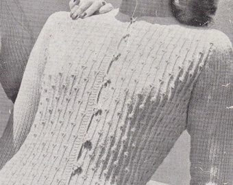 Vintage Knit PATTERN PDF Download Women's Unique Cable Knit Fitted Cardigan, jewel neck, long sleeve, Light Fingering 4 ply