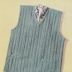 Vintage Hand Knit PATTERN PDF download, Men&#39;s classic cable knit pullover sleeveless vest, Size 38-42 instructions