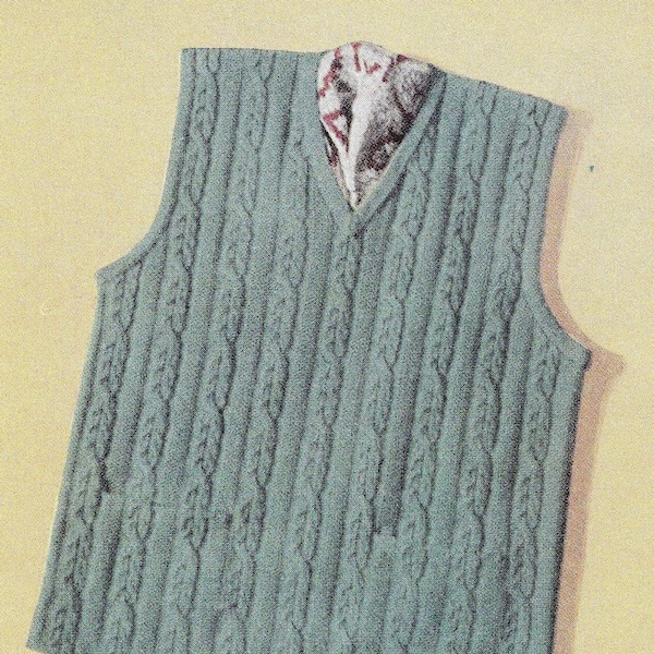 Vintage Hand Knit PATTERN PDF download, Men's classic cable knit pullover sleeveless vest, Size 38-42 instructions