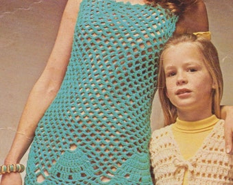 Vintage CROCHET PATTERN PDF download 1970 Women's Sleeveless Dress with delicate pattern hem, Classic Look, Worsted Weight