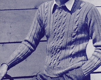 Vintage Hand Knit, PDF DOWNLOAD PATTERN men's jewel-neck, long sleeve cable ribbed knit pullover sweater made w/ soft fingering yarn