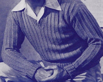 Vintage hand knit PATTERN PDF download, Men's long sleeve pullover sweater, v-neck, Made with wool fingering yarn, 38-44 WARM and soft