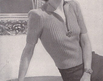 Vintage Knit PATTERN PDF Download Women's Elegant Ribbed Blouse, Deep V-neck, short sleeve, Fingering Wool