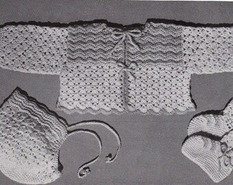 Vintage Crochet PATTERN PDF, Baby Three Piece, Lacy look, Hat, Long Sleeve Jacket, Booties, 1944