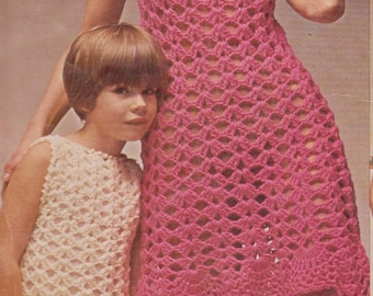 Vintage CROCHET PATTERN PDF download 1970 Women's Sleeveless Dress and Matching Child's Dress, jewel neck, Classic Look, Worsted Weight