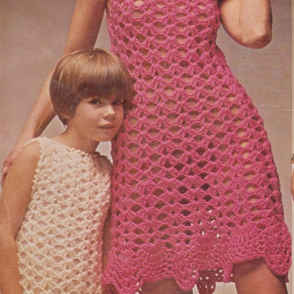 Vintage CROCHET PATTERN PDF download 1970 Women's Sleeveless Dress and Matching Child's Dress, jewel neck, Classic Look, Worsted Weight