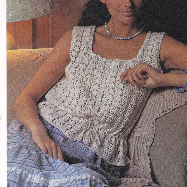 Vintage Hand Knit PATTERN PDF download, Women's sleeveless camisole, Cool and Lacy Knit, Sport-Weight Cotton Yarn, Download Only