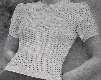 1940s Vintage PATTERN Instruction PDF Download Women's Crocheted Blouse, Button Collar, Short Sleeve