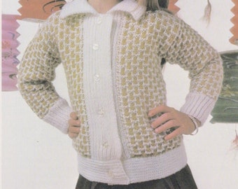 Vintage Intermediate Knitter, PATTERN PDF, Girl's Collared Cardigan Sweater Jumper, Six Button, long sleeve, Sport Weight