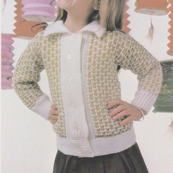 Vintage Intermediate Knitter, PATTERN PDF, Girl's Collared Cardigan Sweater Jumper, Six Button, long sleeve, Sport Weight