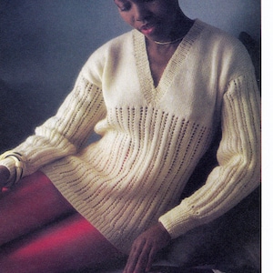 Vintage knit EASY skill, PATTERN PDF, Women's fancy V-neck long sleeve pullover open pattern Sport Weight Yarn,How-To Instruction