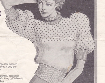 Vintage Knit PATTERN PDF download Women's High Fashion 1980s Turtleneck Pullover, Puff Sleeves, Beadwork