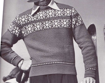 Vintage Knit PATTERN PDF download, Men's ski sweater long sleeve, Made with 3 ply fingering yarn, 38-42 WARM and soft