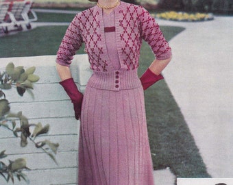 Vintage Knit PATTERN PDF Download, Women's Cardigan Ensemble, Sweater and Dress, elbow sleeve, Fingering Yarn