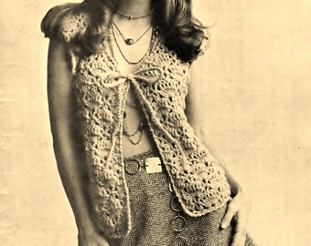 Vintage PATTERN PDF download, 1969 Women's Crocheted Mod Vest, V-neck w/ tie, Sexy look, Worsted Weight