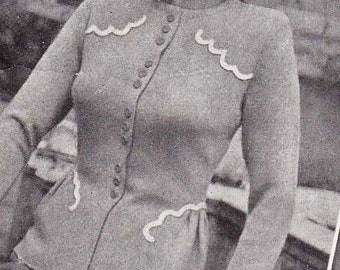 Vintage 1940s Knit PATTERN PDF Download, Women's elegant Button up Jacket/Jumper/Sweater, Round neck, Short or Long Sleeve, Light Fingering
