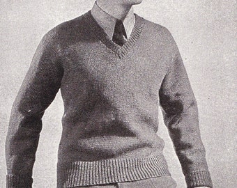 Vintage Knit PATTERN PDF Download Men's, Classic V neck pullover sweater, long sleeve, Worsted Weight