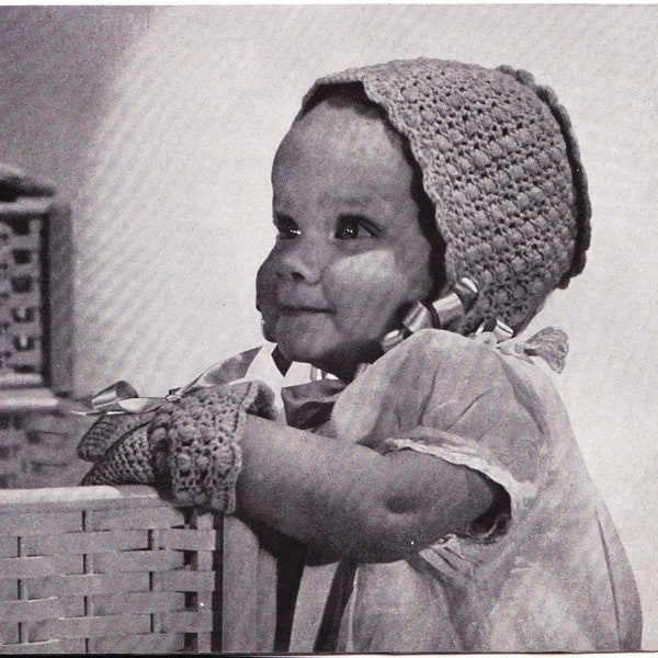 Vintage Crochet PATTERN PDF,  Baby Bonnet and Mittens, Lacy baby elegance,  Light Baby Wool, 1945