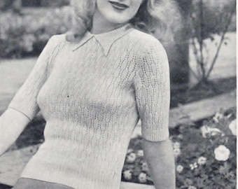 Vintage Knit PATTERN PDF download PATTERN, Women's elegant short sleeve pullover blouse jumper, collar neck, lacy look  Fingering Yarn