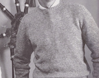 Vintage Knit PATTERN PDF download Mens Classic Pullover Sweater, round or v neck neck, long sleeve, Shetland Wool