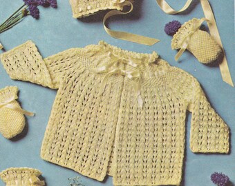 Vintage Knitted PATTERN PDF, Baby Set: Sacque, Bonnet, Boooties, Mittens, Baby Yarn or Nylon, 1967