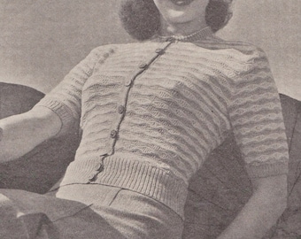 Vintage Knit PATTERN PDF Download Women's Horizontal Unique Cable Knit Fitted Cardigan, jewel neck, short sleeve Fingering Weight