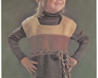 Vintage Beginner Knitter, PATTERN PDF, Download Girl's Hippie Tunic & Beret Hat, Sport Weight