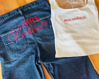 Bride Embroidered Denim & Tank Set | Custom Mrs. Jeans + Personalized Ribbed Tank | Wedding, Bachelorette, Honeymoon Outfit