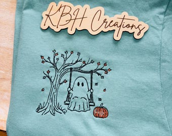 Swinging Ghost Embroidered Jerzees 100% Cotton T Shirt | Fall | Halloween