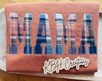 Fall Plaid Custom Name Embroidered Applique Comfort Colors T Shirt | Mama Gift | Auntie | Mimi | Nana Custom