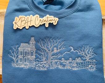 Haunted House Embroidered Sweatshirt  | Cozy  Embroidered Crewneck | Halloween | Thanksgiving | Spooky |