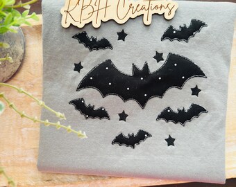 Bat Applique Halloween Embroidered Comfort Colors T Shirt | Fall Shirt | Fall Embroidery | Custom Embroidery |