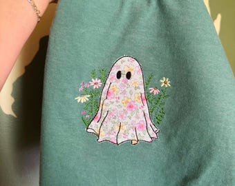 Fall Floral Applique Ghost Embroidered Comfort Colors T Shirt