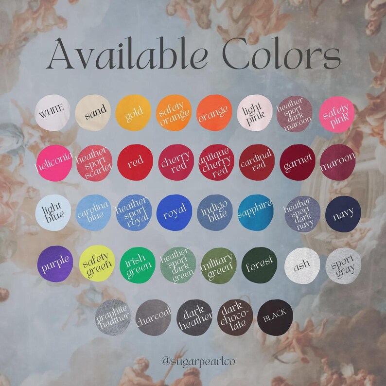 Op de afbeelding: Afbeelding met een kleurenkaart met de tekst "Available Colors". De kaart toont een verscheidenheid aan kleuren, waaronder wit, zand, goud, oranje, roze, rood, blauw, groen en grijs, elk met hun naam.