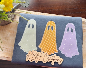 Cute Ghost Trio Shirt | Handmade Appliqué Halloween Tee | Pastel Spooky Season | Embroidered Comfort Colors
