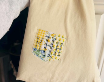 Yellow Patch Work Applique Pocket Monogram Comfort Colors Unisex Embroidered T Shirt