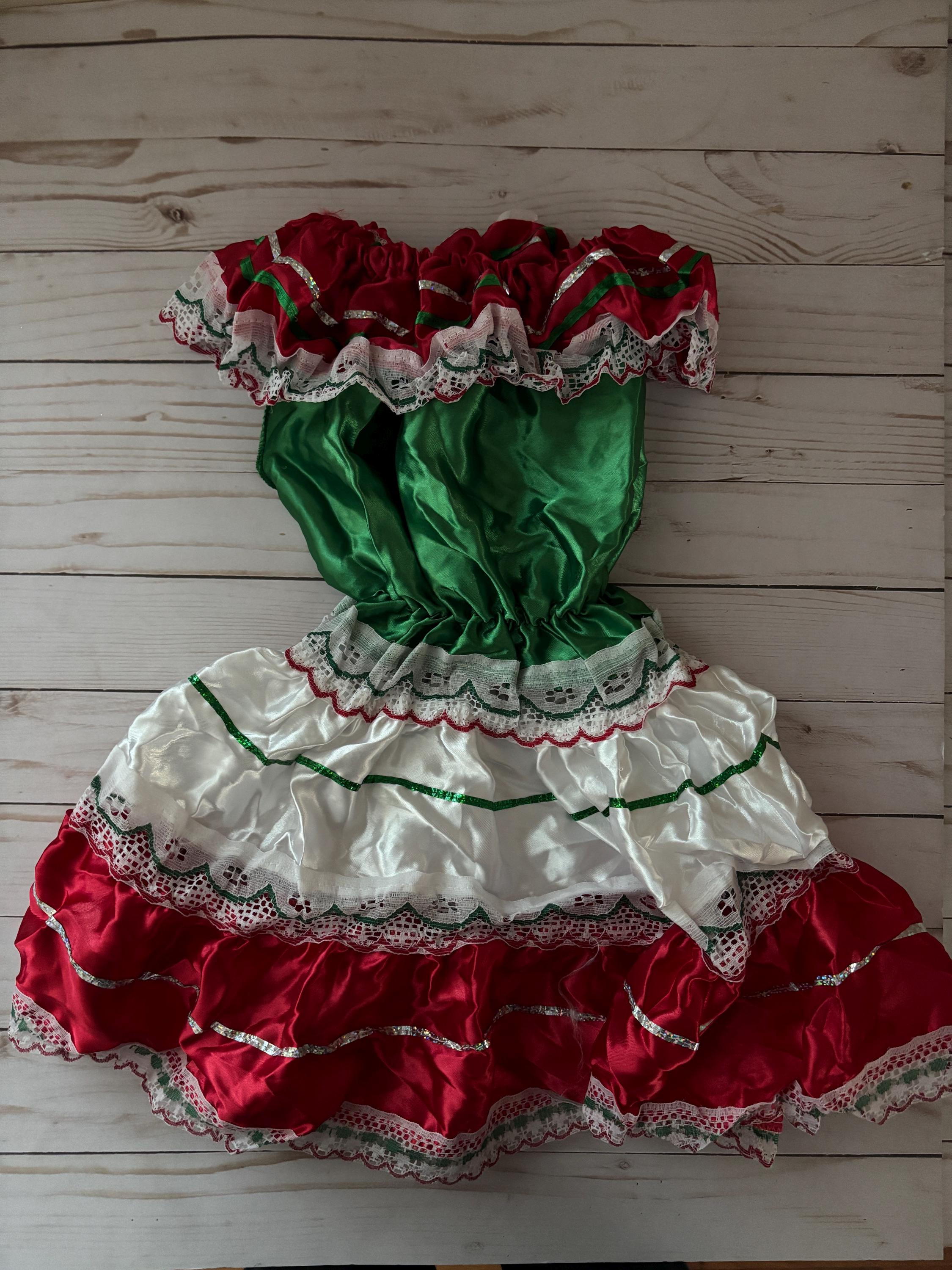 Satin Tricolor Mexican Dress with Elastic Ruffled Shoulders | Traditional Mexican Folkloric Dress for Girls | Folkloric Outfit Satin Tricolor Mexican Dress with Elastic Ruffled Shoulders | Traditional Mexican Folkloric Dress for Girls | Folkloric Outfit