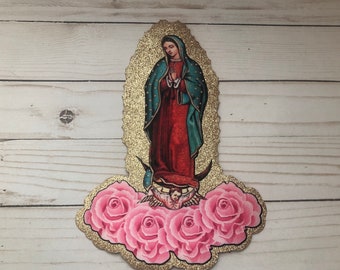 Virgin de Guadalupe Religious  Gold Iron On Cross Patch Applique Sew On Mexico Art