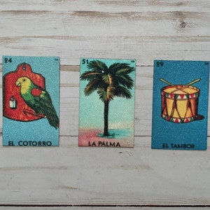 Iron On Sparkly Loteria Patch El Cotorro, La Palma, El Tambor Mexican Bingo Patches