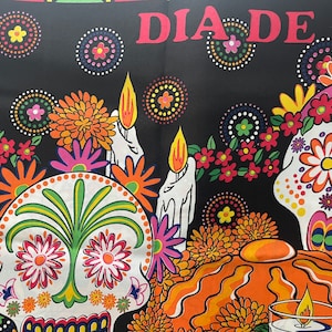 Mexican Fabric Ethnic Colorful Bright Polyester Cotton Blend Day of the Dead Dia de Muertos Mantel