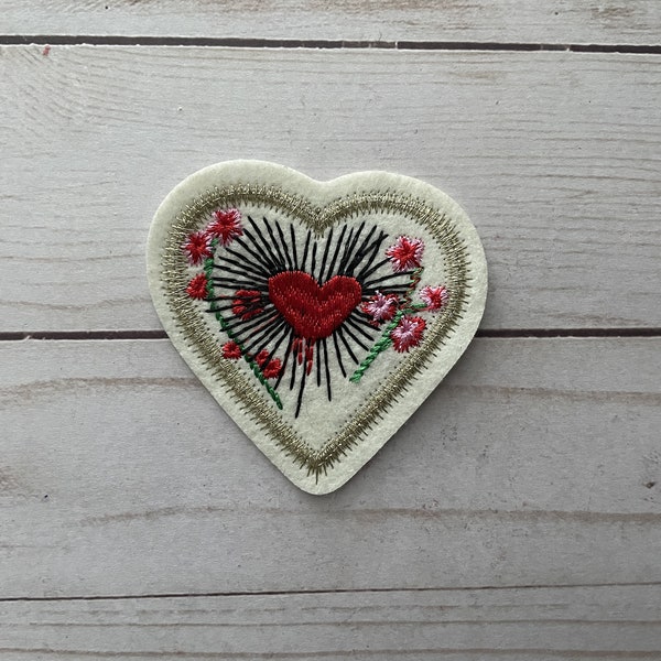 Sacred Heart Embroidered Milagro Beaded Iron On Patch