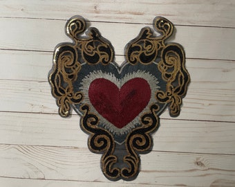 Mexican Sacred Heart Beaded Sequin Patch - Red Sagrado Corazón Sew On Applique - 3.5" Milagro Heart for Jacket and Statement Crafts Decor