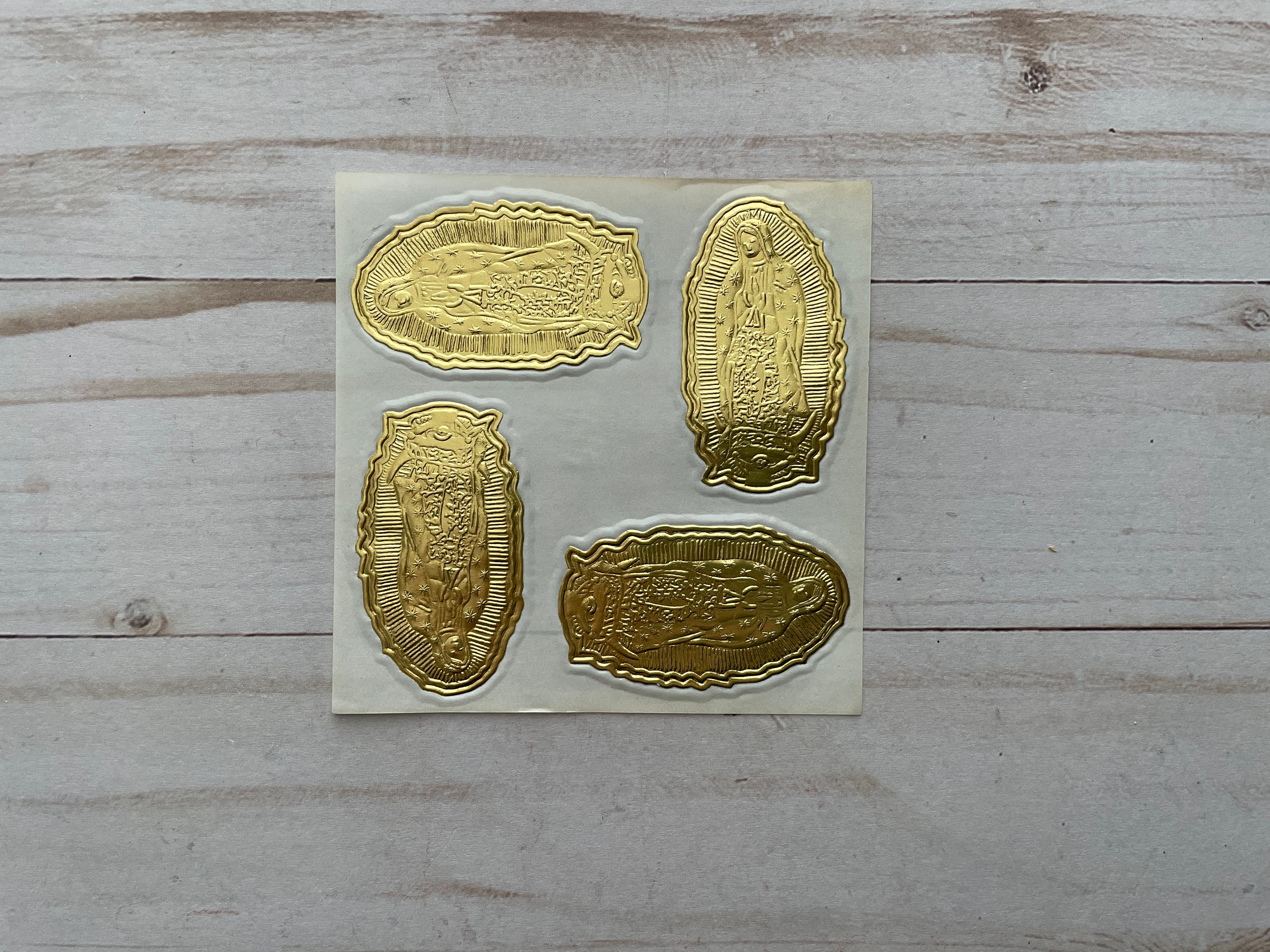 Virgin de Guadalupe Religious Repujado Embossed Tin Foil Gold Silver Stickers Mexico Art Invitation Bautizo Set