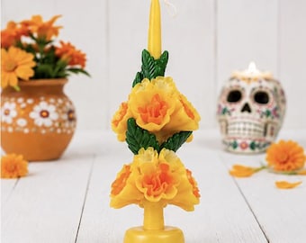 Large Day of the Dead Marigold Yellow Multicolor Mexican  Artisan Candle Vela
