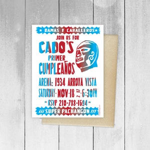 May include: A colorful invitation for a first birthday party with the text "CADO'S PRIMER CUMPLEAÑOS" and a luchador mask. The invitation includes the date, time, and location of the party.