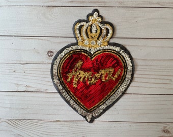 Mexican Sacred Heart Beaded Sequin Patch - Red Sagrado Corazón Sew On Applique - Milagro Heart for Jacket and Statement Crafts Decor