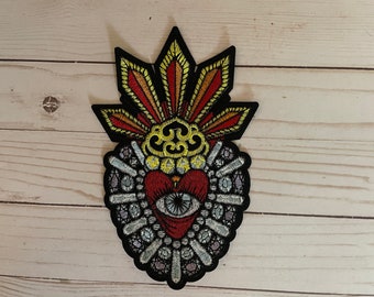 Large Mexican Sacred Heart Iron On Patch - Milagro Heart Embroidery for Jackets - Red Sagrado Corazón Applique Charm